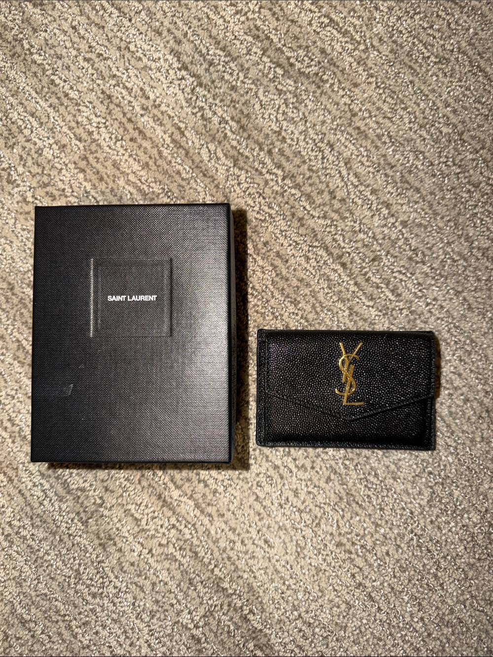 Authentic Saint Laurent Black Leather Card Case with Gold YSL Monogram